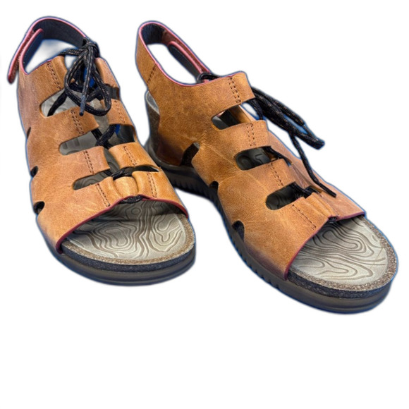 Bionica wedge orange leather sandals brown lace up  closure size 9.5 - Picture 2 of 14
